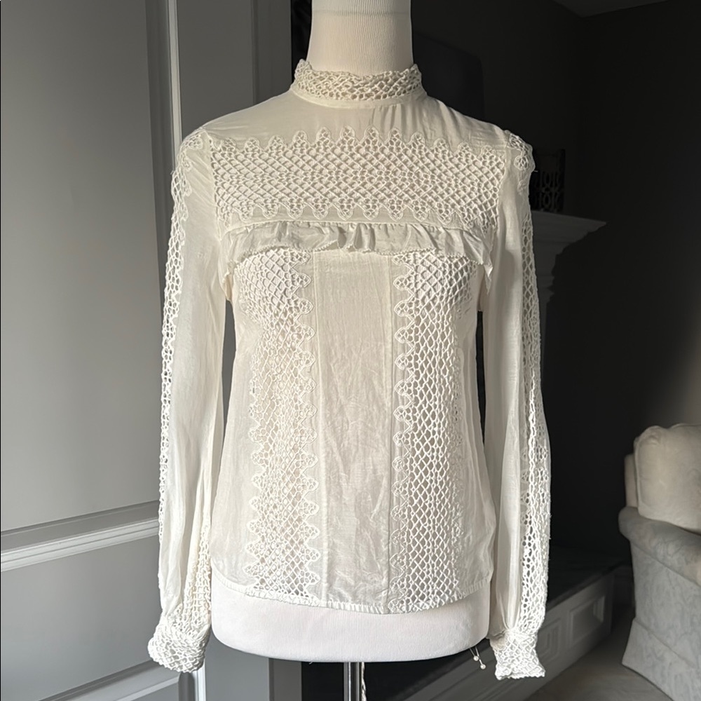 Self-Portrait White Silk Cotton Blend Lace Blouse sz 2